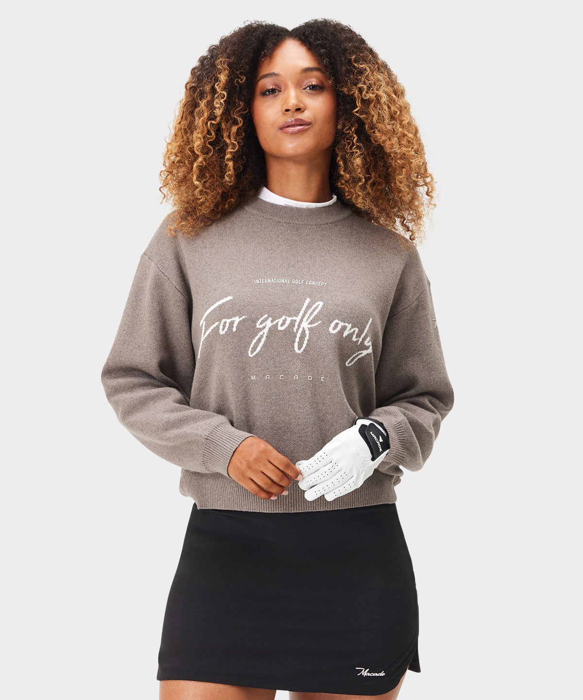 Women's Taupe Script Oversized Knit Sweater - Macade Golf