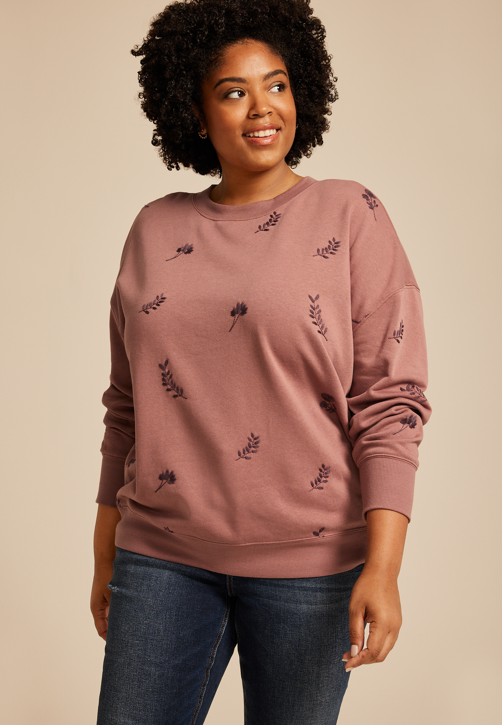 Plus Size Mauve Floral Embroidered Relaxed Fit Sweatshirt | maurices