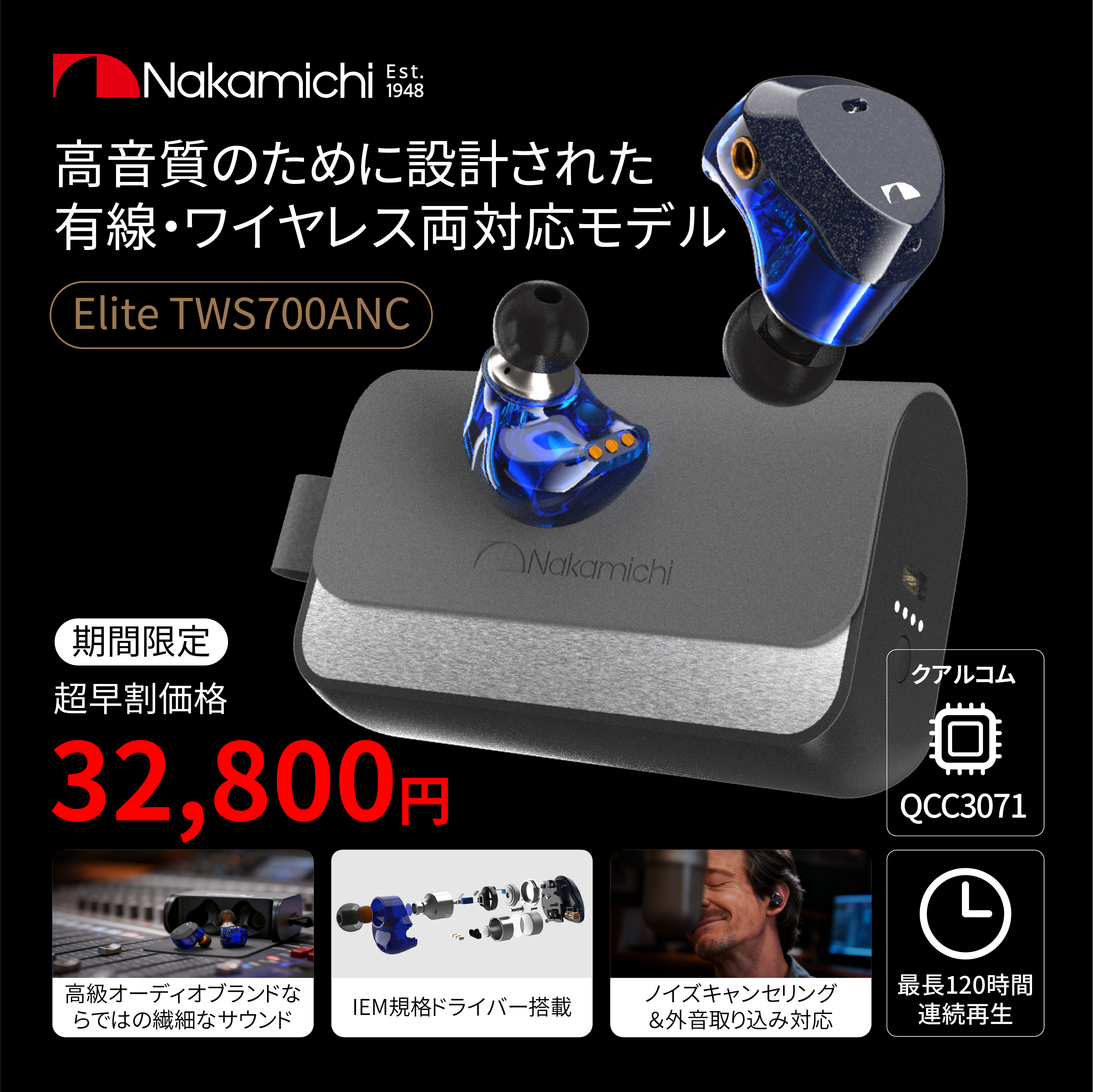 NAKAMICHIナカミチサウンドワイヤレス イヤホン 有線無線両用Bluetooth