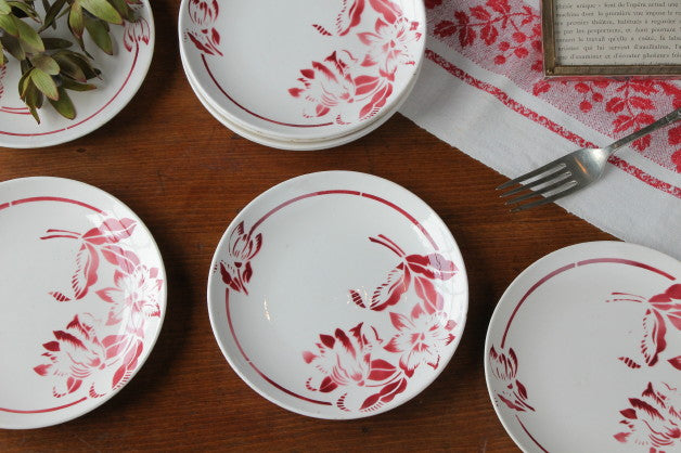 可愛い赤のステンシル花模様のケーキ皿 フランスアンティーク食器