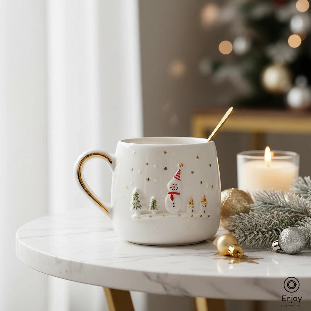手作りセラミック雪だるまエスプレッソマグ - ユニークなクリスマス