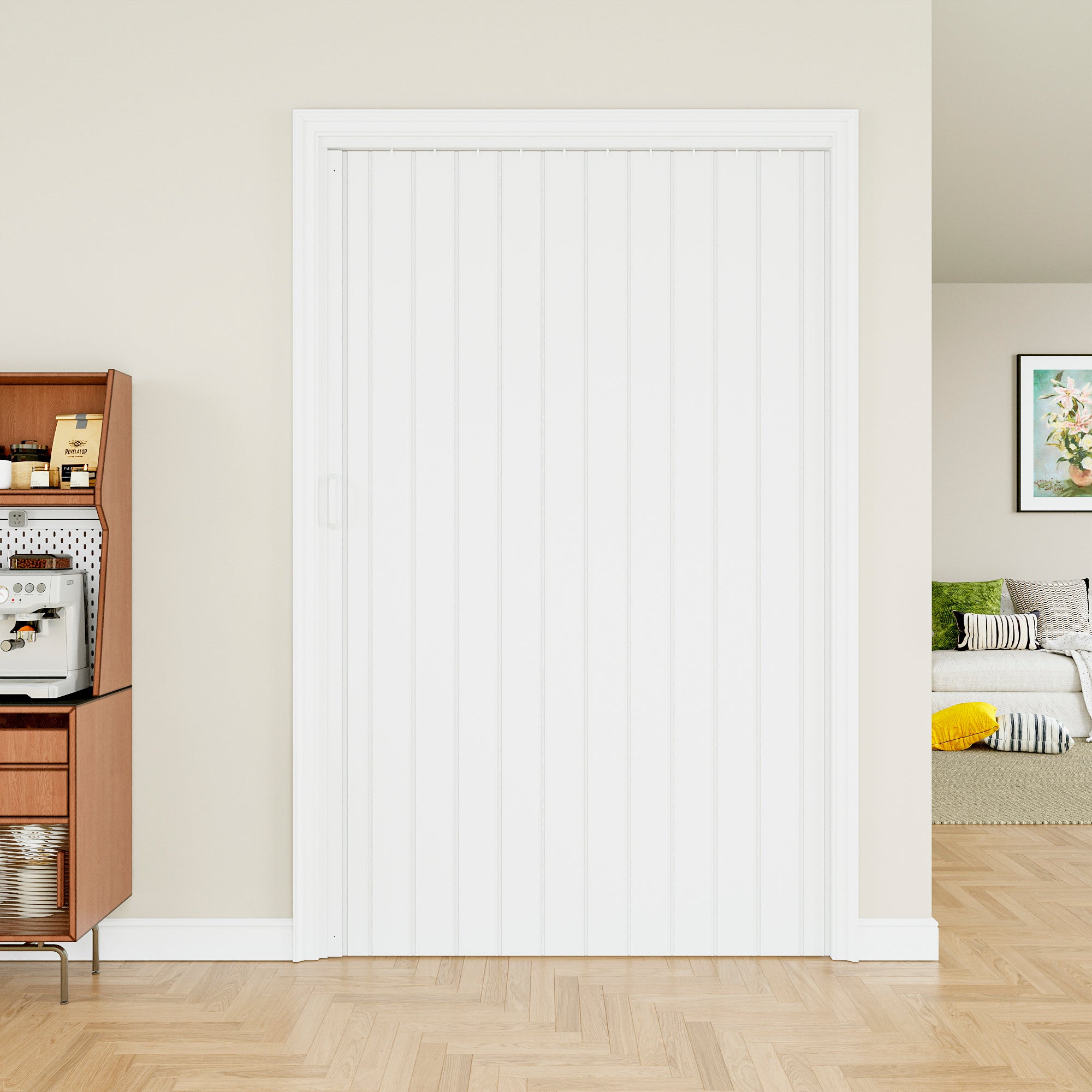 Single Layer Accordion Door with Handles & Magnetic Lock, White Vinyl