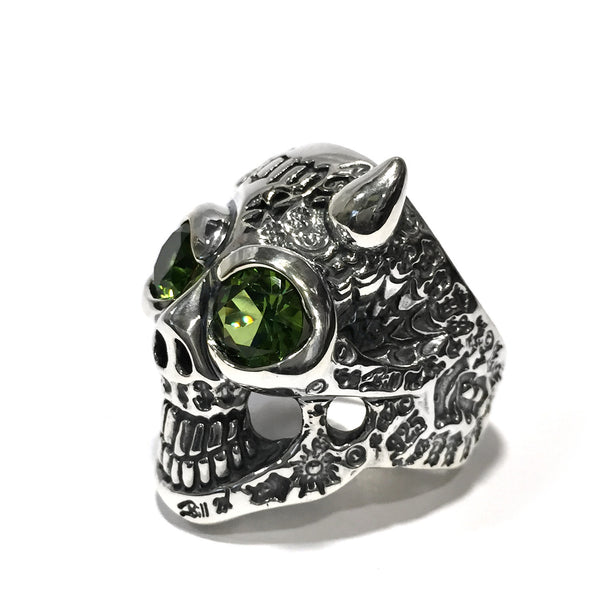 50/50 Master Skull Ring with Right Horn with Stones - Bill Wall