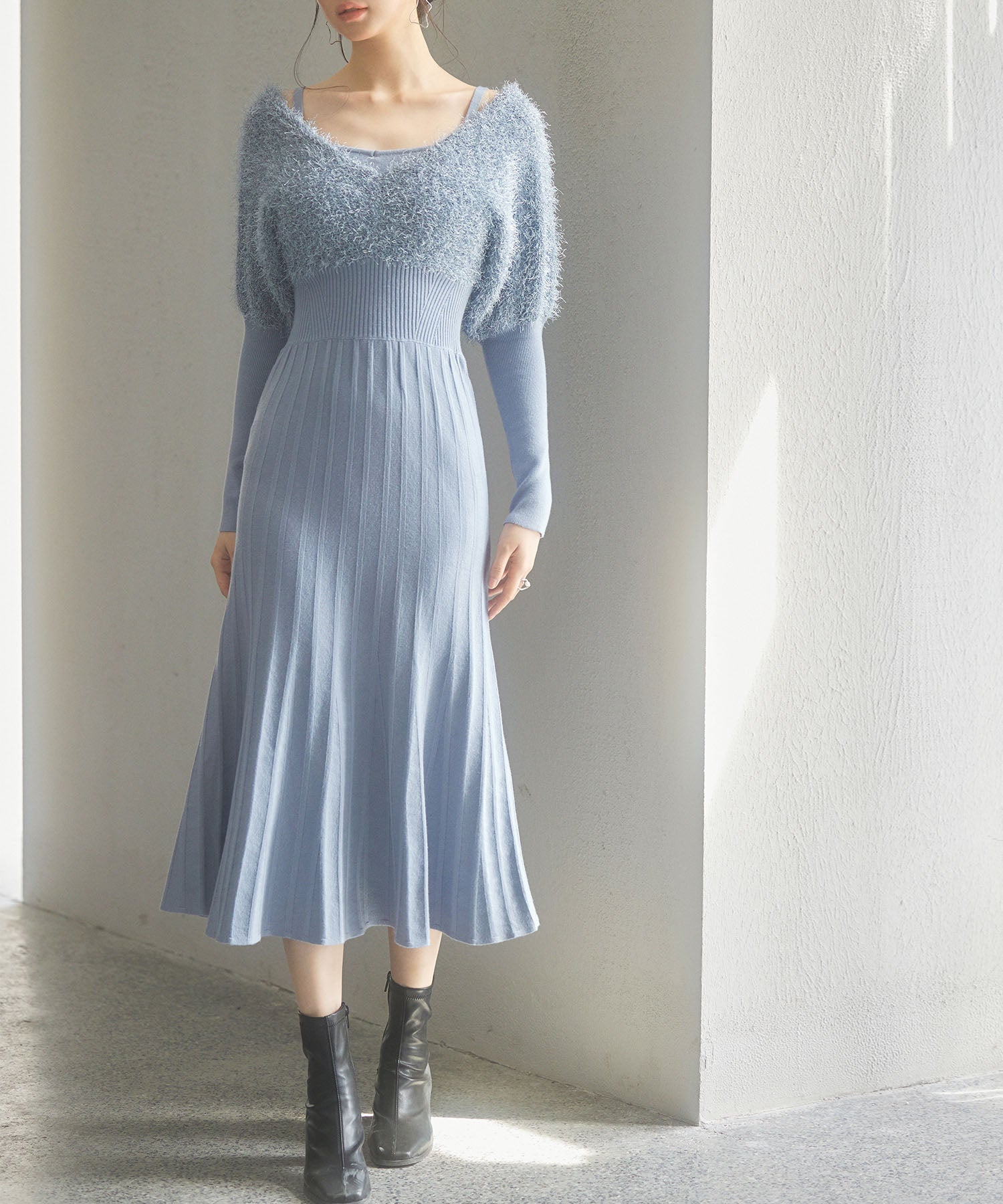 フェザーとニットスカートがドッキング2wayワンピースsdp8030 ブルー