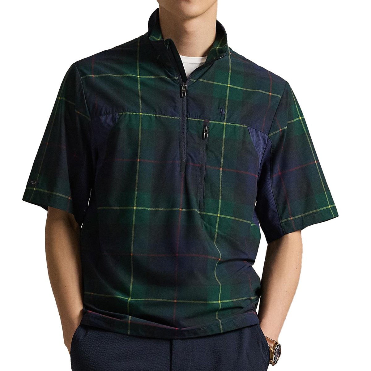 RLX ストレッチ チェック パッカブル モックネック半袖ジャケット