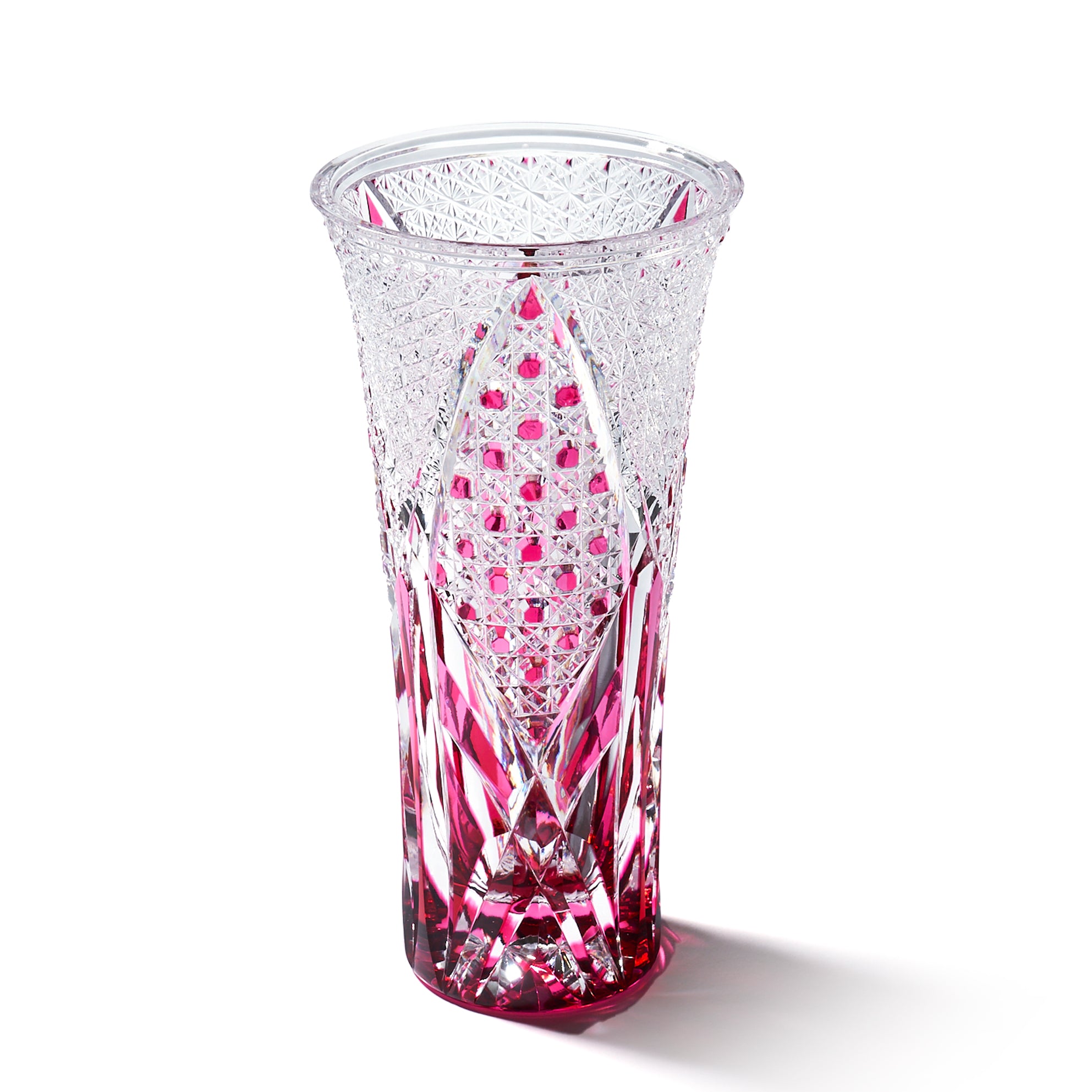 江戸切子 伝統工芸士 木村泰典 作 菊繋ぎに籠目紋 花瓶 金赤 ｜江戸