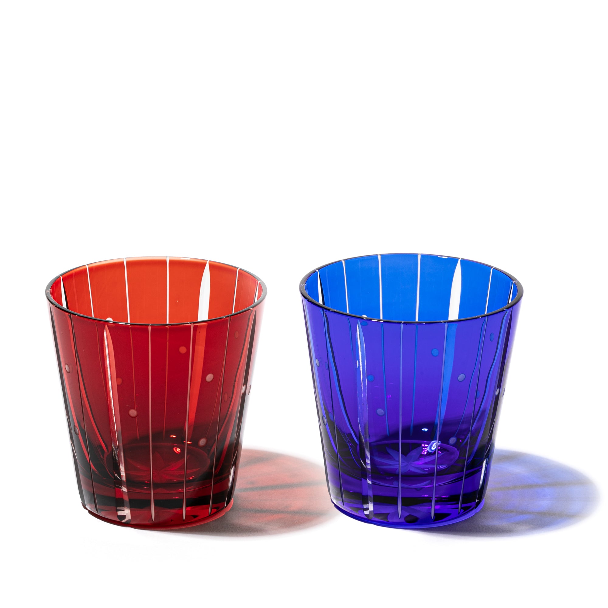 江戸切子 立菱縞紋 天開オールドグラスペア 赤・ルリ ｜江戸切子グラス