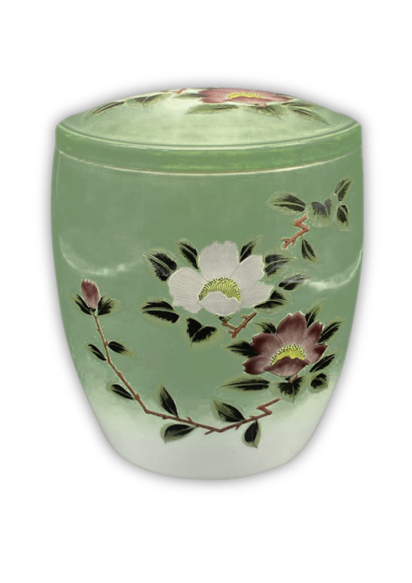 骨壺 九谷焼銀山茶花グリーン7寸【名入れ対応可】 – 葬儀問屋