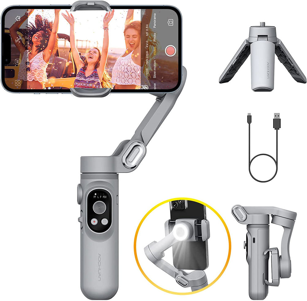 スマホスタビライザー 3軸ジンバル 自動追従 手ブレ補正 自撮り棒 LED