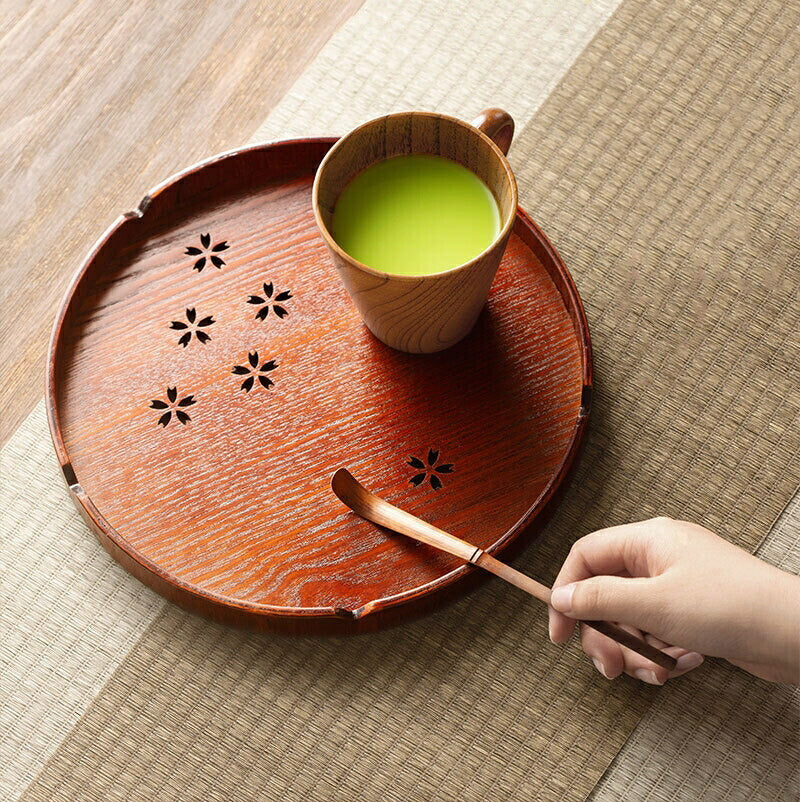 IwaiLoft さくら トレー 木製 桜模様 膳 お皿 天然木 トレー お盆 丸盆