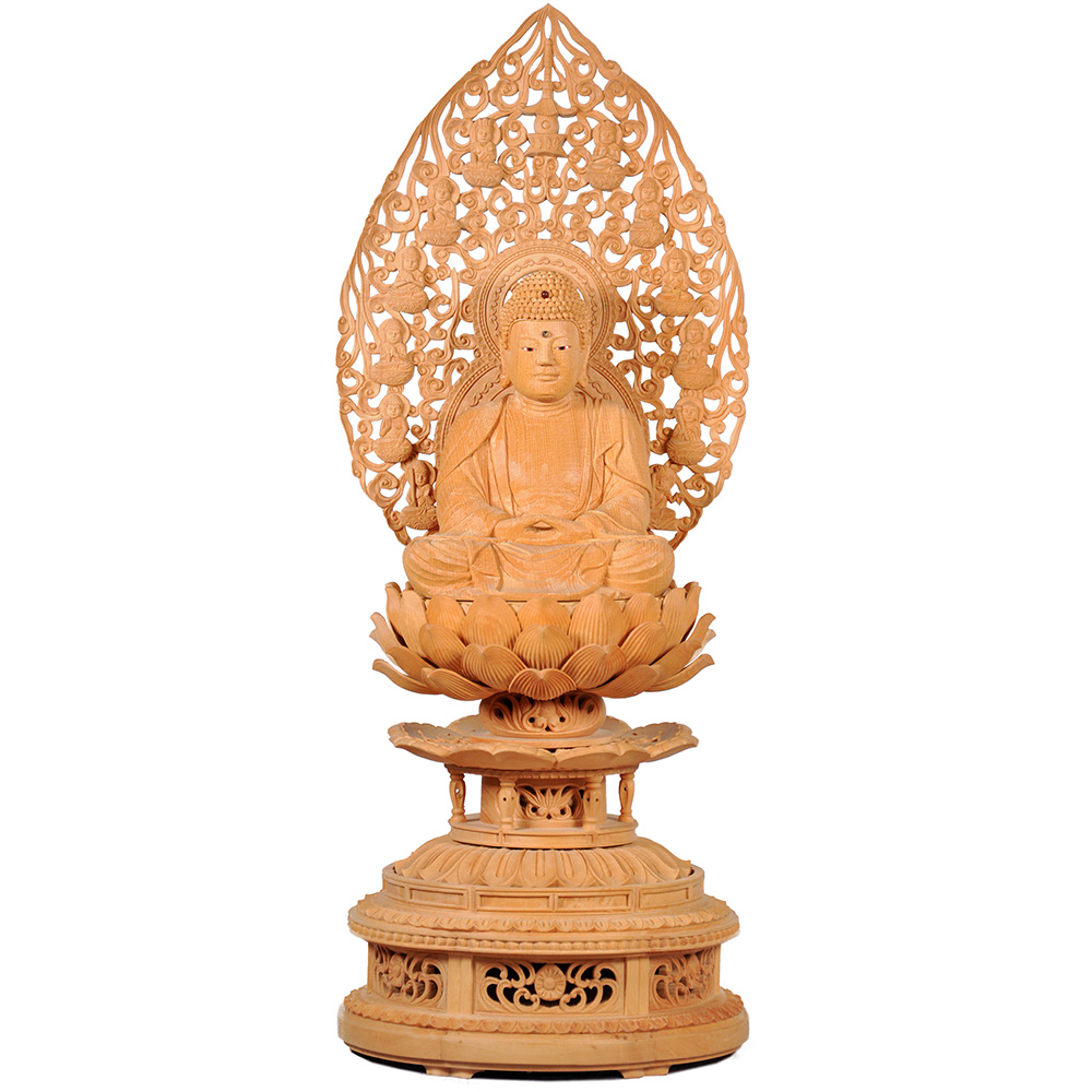 本柘植 金剛蓮華台座（手彫）十三仏光背（一枚材 手彫）桧 釈迦如来