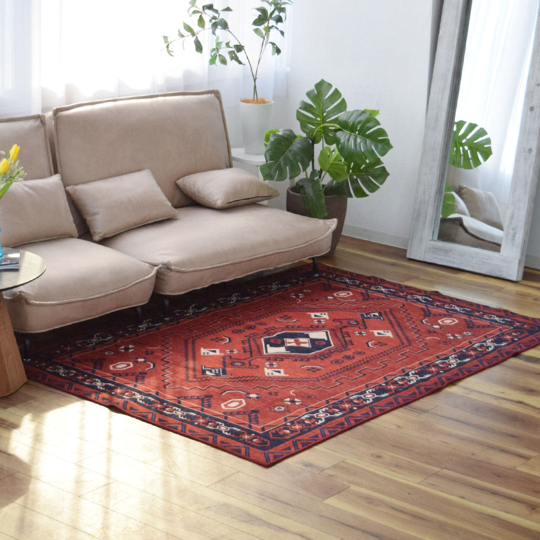 ヴィンテージ風ラグ TOCORU Series トライバル柄ラグ ループ レッド