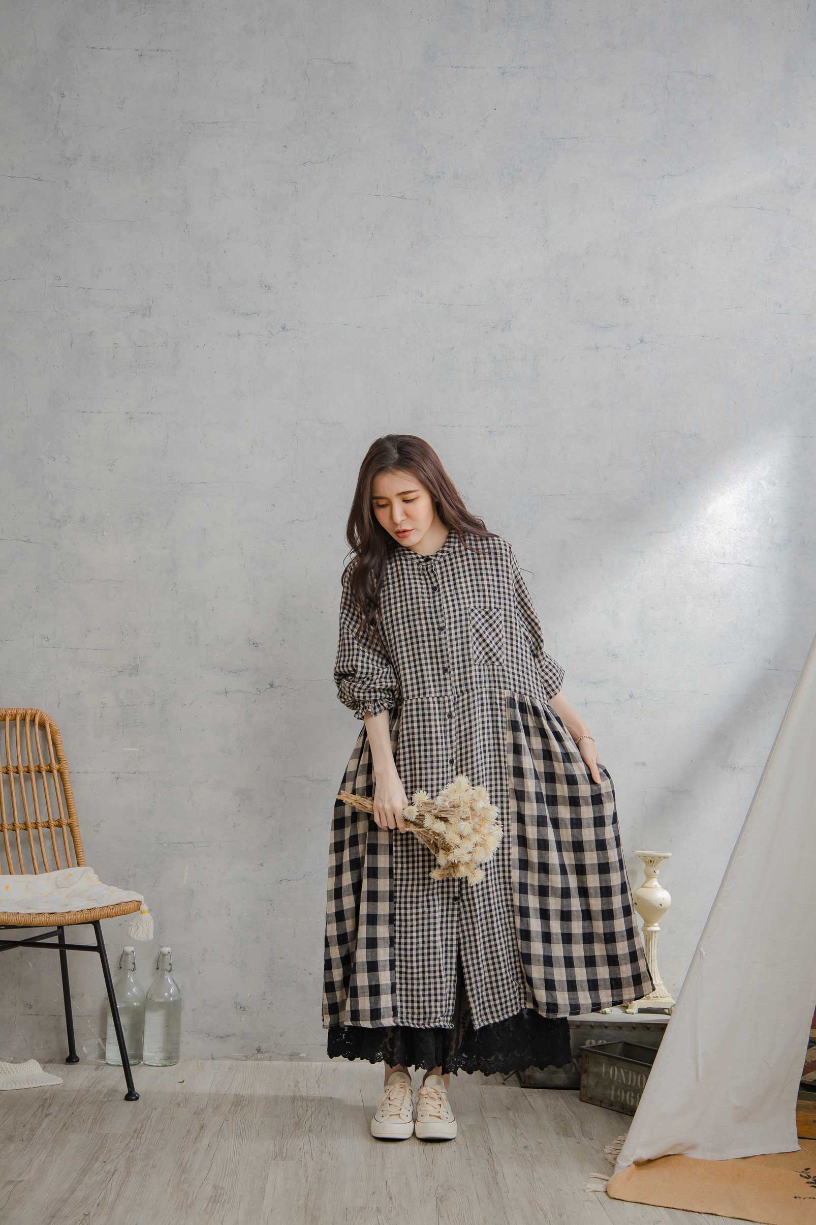 楽天市場】チェック柄コットン前ボタン開き長袖ロングワンピース
