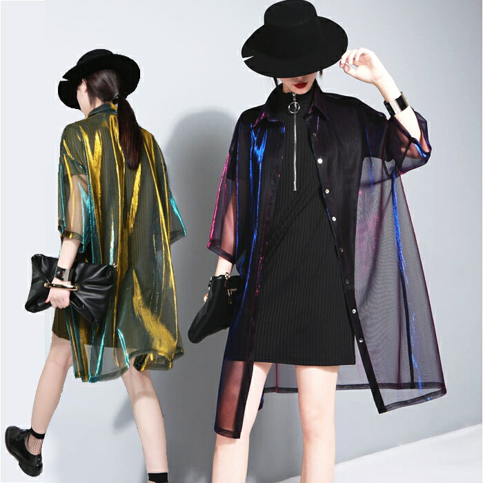 楽天市場】シースルー シャツ トップス ロング チュニック ブラウス