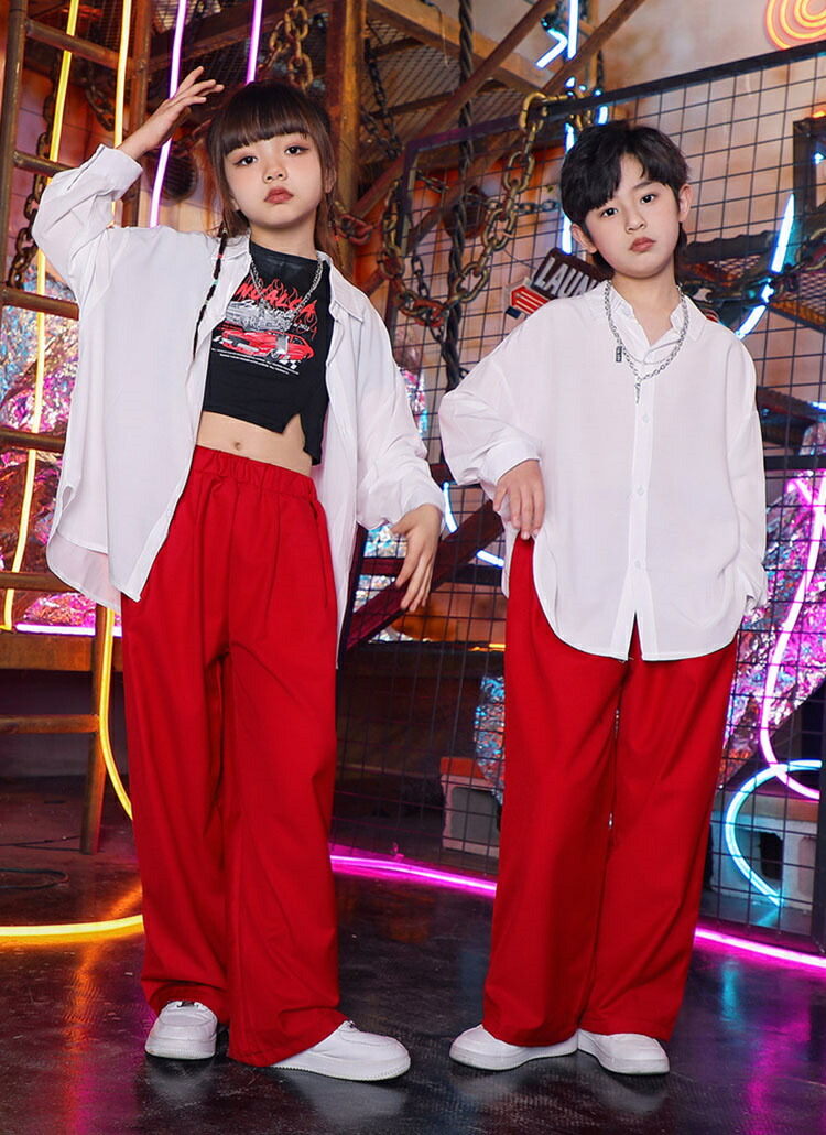 楽天市場】キッズ ダンス衣装 セットアップ 白 シャツ 長袖 赤 ロング