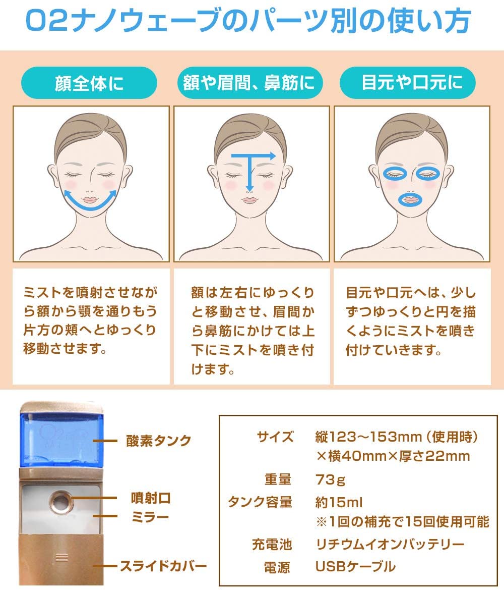 楽天市場】高濃度 酸素 ミスト うるおい O2ナノウェーブ 充電式 (O2