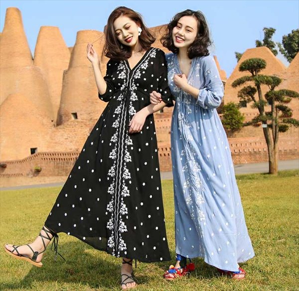 楽天市場】ハワイ リゾートワンピ マキシ丈 エスニック 刺繍