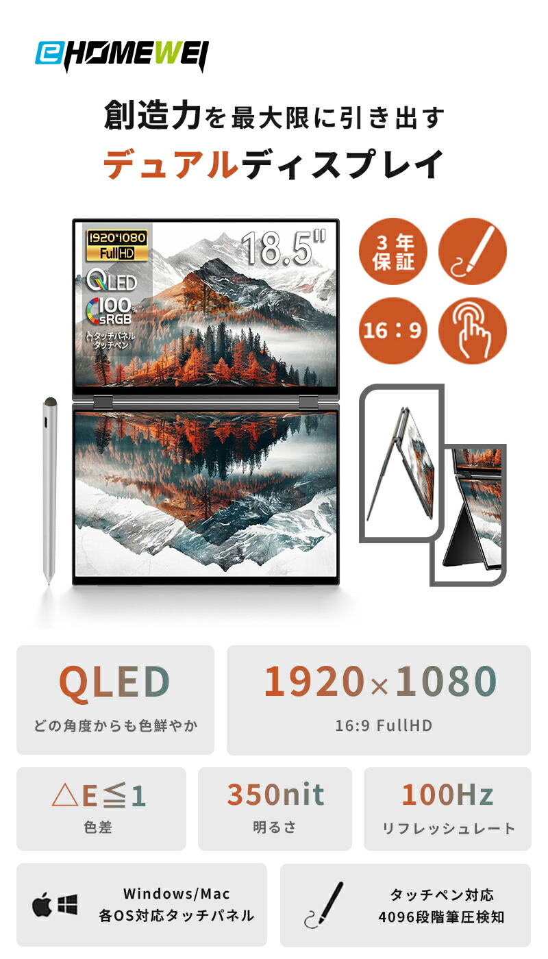 楽天市場】EHOMEWEI デュアルモニター18.5インチ QLED 極細ベゼル