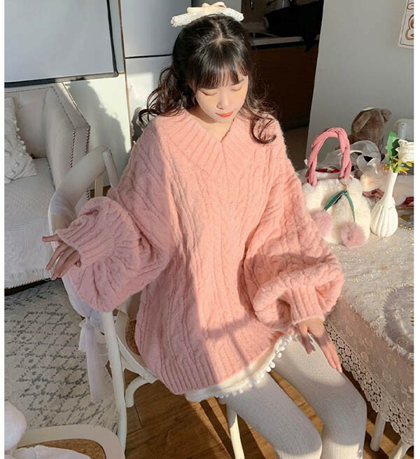 楽天市場】ニットセーター ピンク トップス 長袖 オーバーサイズ