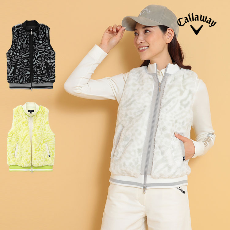 ◇Callaway キャロウェイ フラワージャガード ファーフードベスト 白
