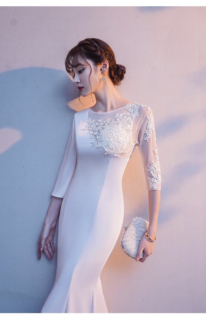 楽天市場】マーメイドロングドレス 前撮り 白 七分袖 レース 透け感