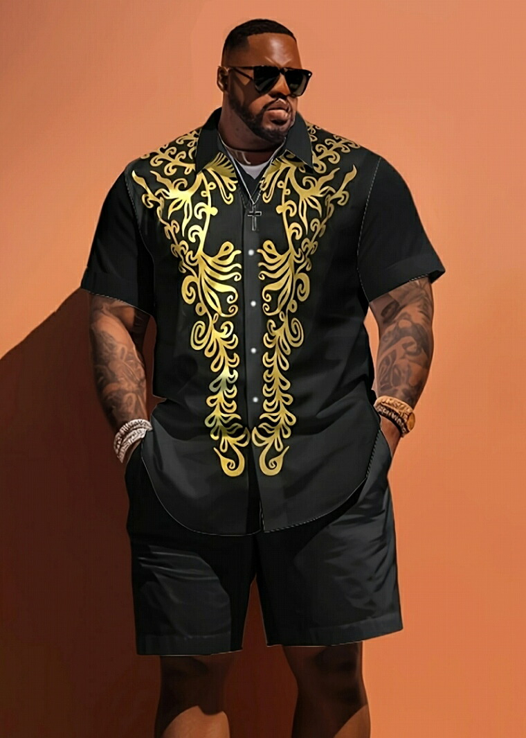 楽天市場】バロック柄半袖シャツセットアップ ハーフパンツ 上下 黒×黄