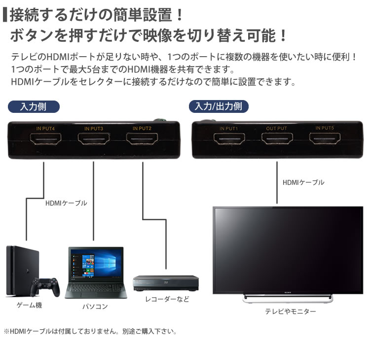楽天市場】5入力1出力 リモコン付き HDMIセレクター 4K対応 手動切替 5
