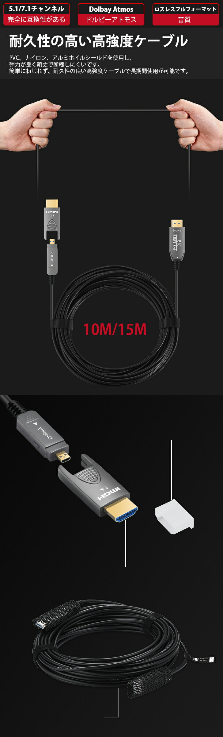 楽天市場】光ファイバー 8K HDMI AOC BESTISAN配管用着脱式 HDMI ARC