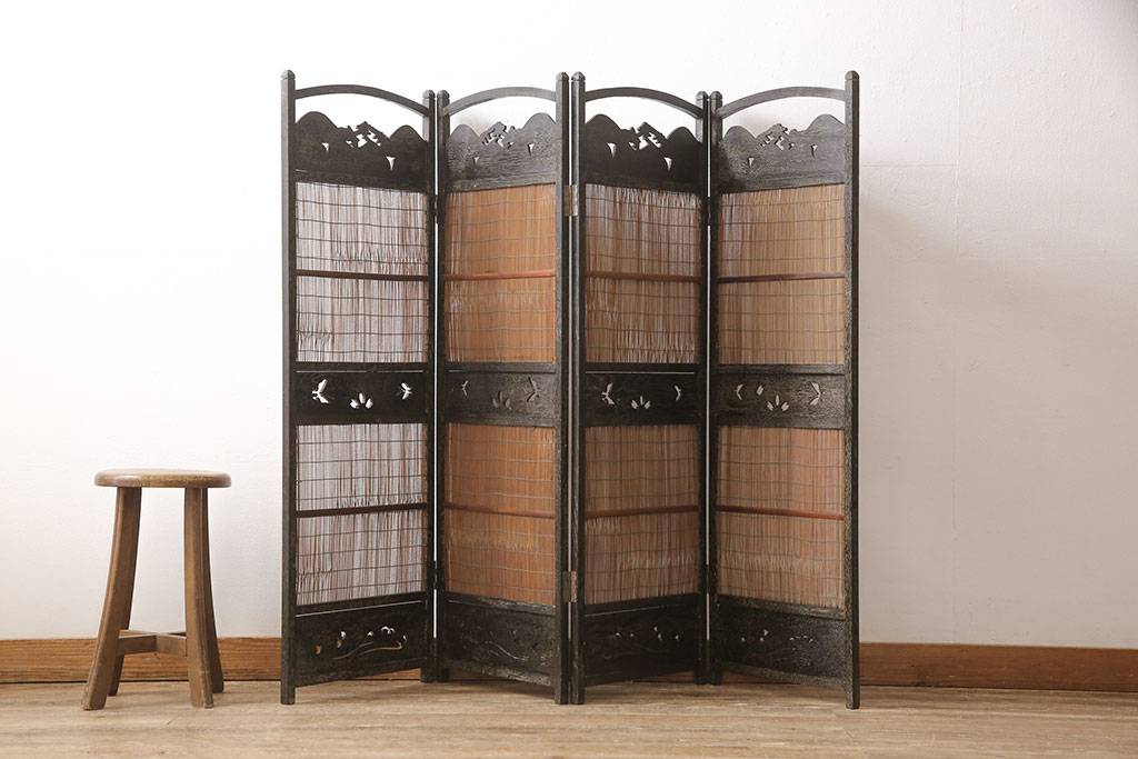 衝立 間仕切り パーテーション 4連 透かし彫り 昭和レトロ