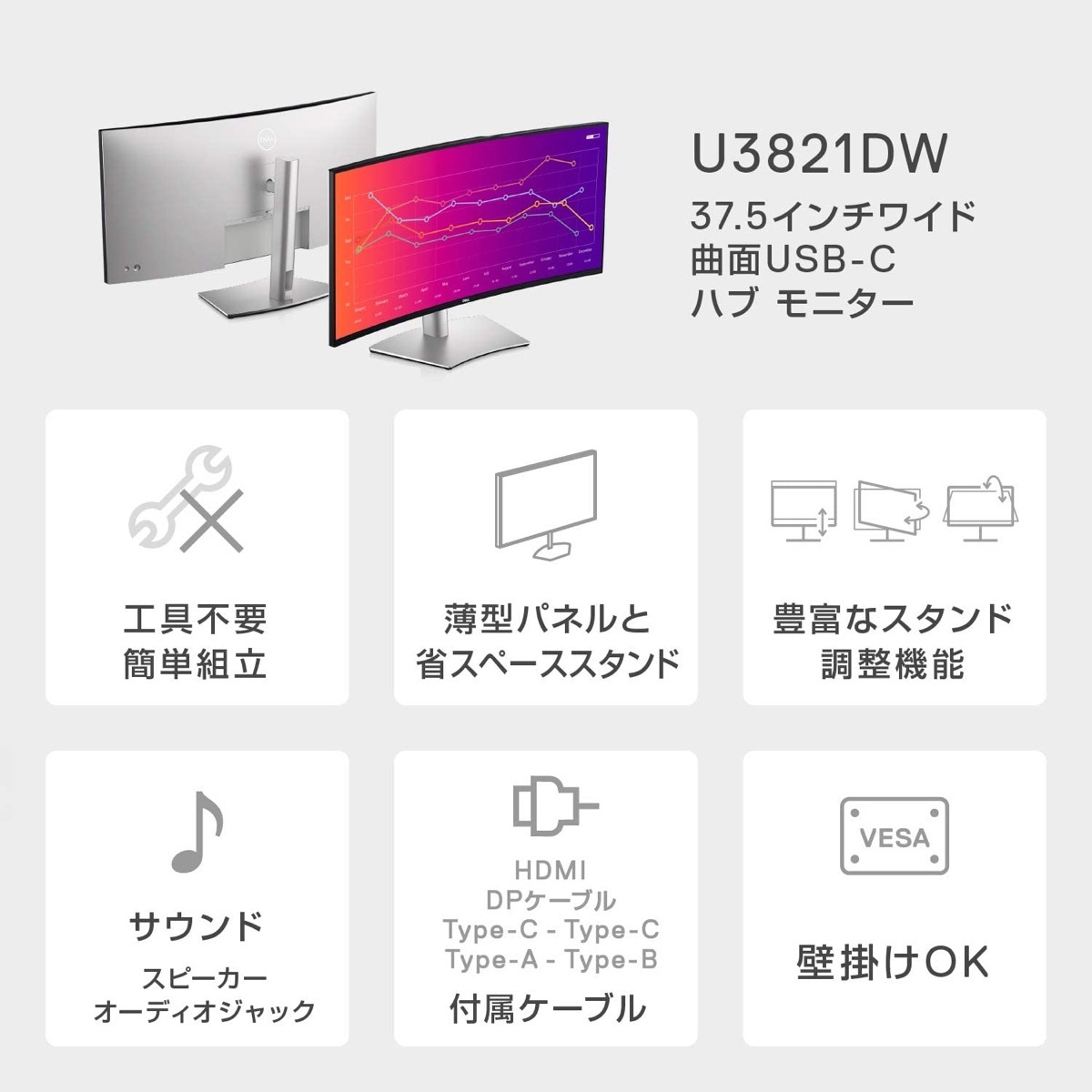 楽天市場】Dell U3821DW 37.5インチ ワイド 曲面 USB-C HUB モニタ