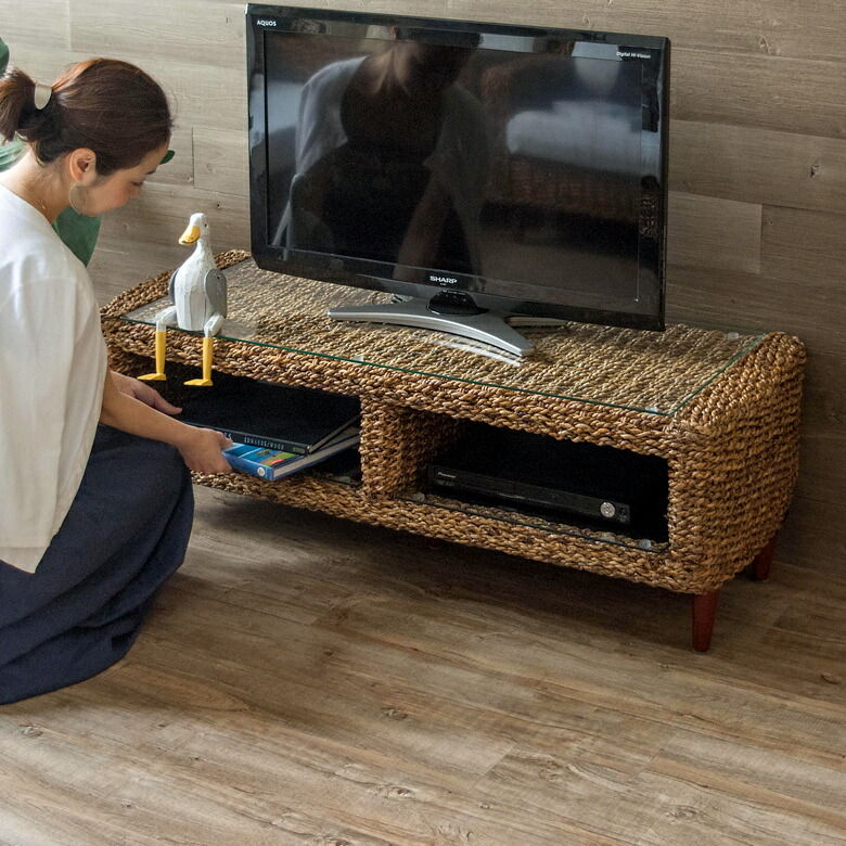 楽天市場】テレビ台 アバカ素材 強化ガラス天板 幅120cm 収納棚付き