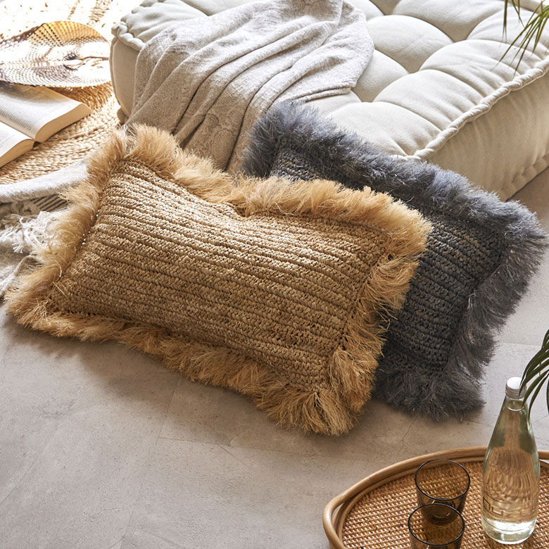 楽天市場】クッションカバー 長方形 30×50 cm ヤシ ラフィア フリンジ