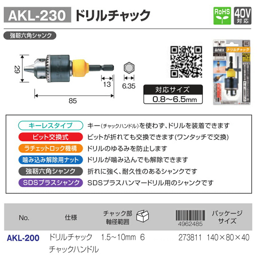 楽天市場】ANEX [交換軸部品オマケ付] ドリルチャック 軸径範囲 0.8
