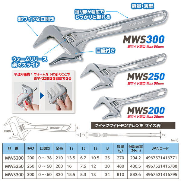 楽天市場】スーパーツール クイックワイドモンキレンチ 200mm 0~38mm