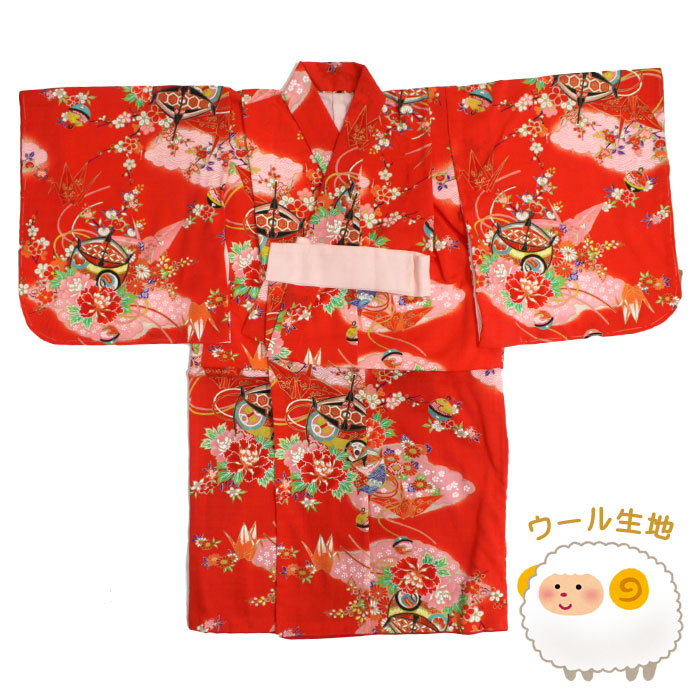 楽天市場】モス四つ身着物（100〜120cmほど） 朱赤 サイズ調整