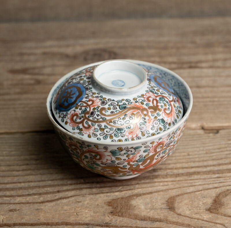 古伊万里 金蘭錦手 金彩鳳凰唐花草絵 蓋碗 蓋付き茶碗 明治 6客 木箱