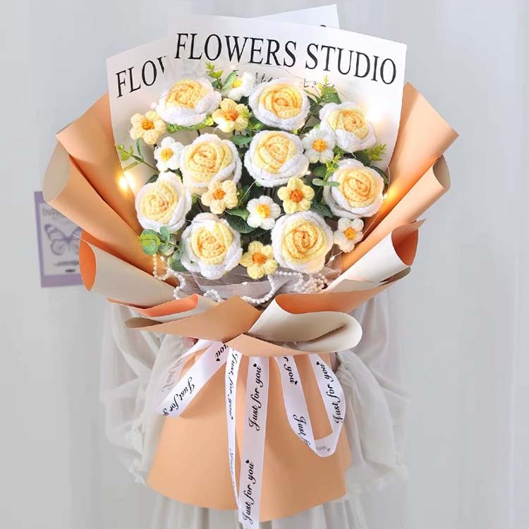 楽天市場】カギ編み 手編み 造花 ブーケ バラの花束 枯れない花 9輪