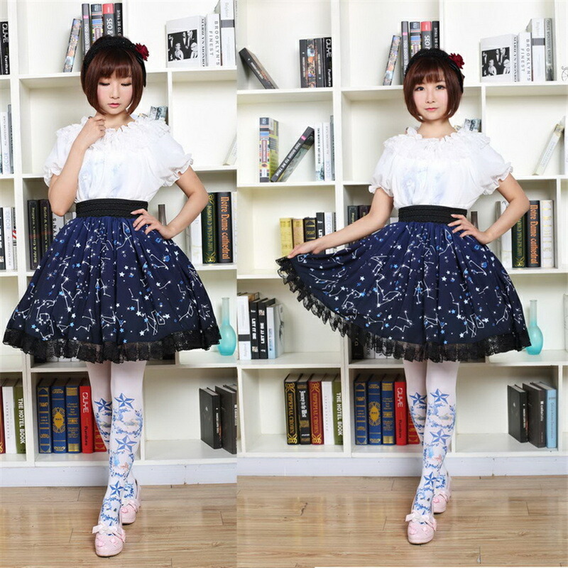 楽天市場】甘い星座柄プリントロリータスカートダークネイビー フレア