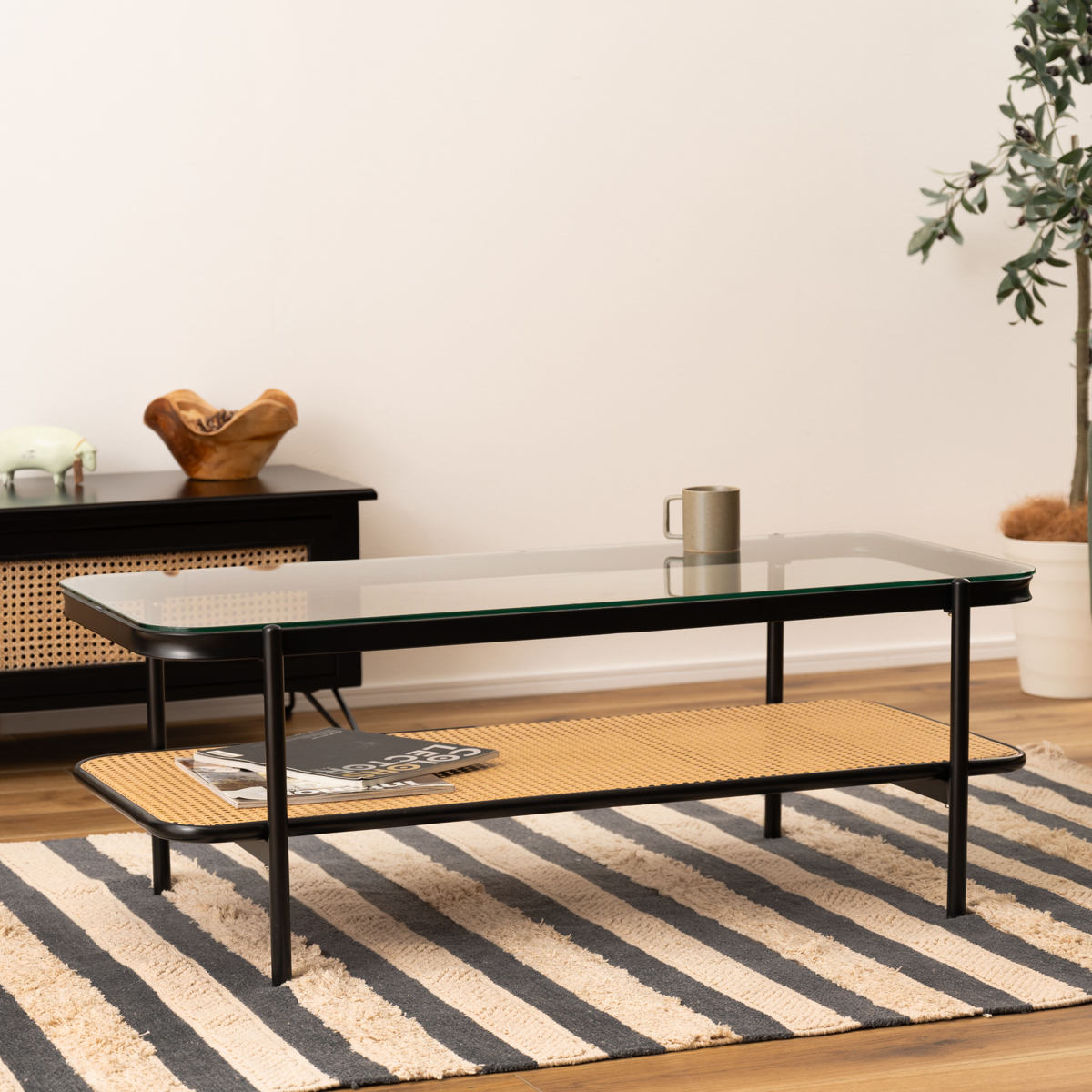 楽天市場】リビングテーブル 幅110cm ガラス天板 ラタン調ラック