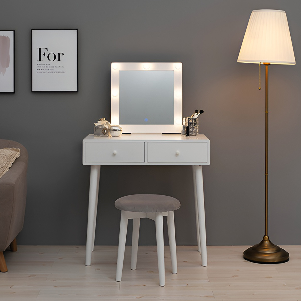 楽天市場】ドレッサー 幅75cm 四角ミラー ライト スツール付き （ 鏡台