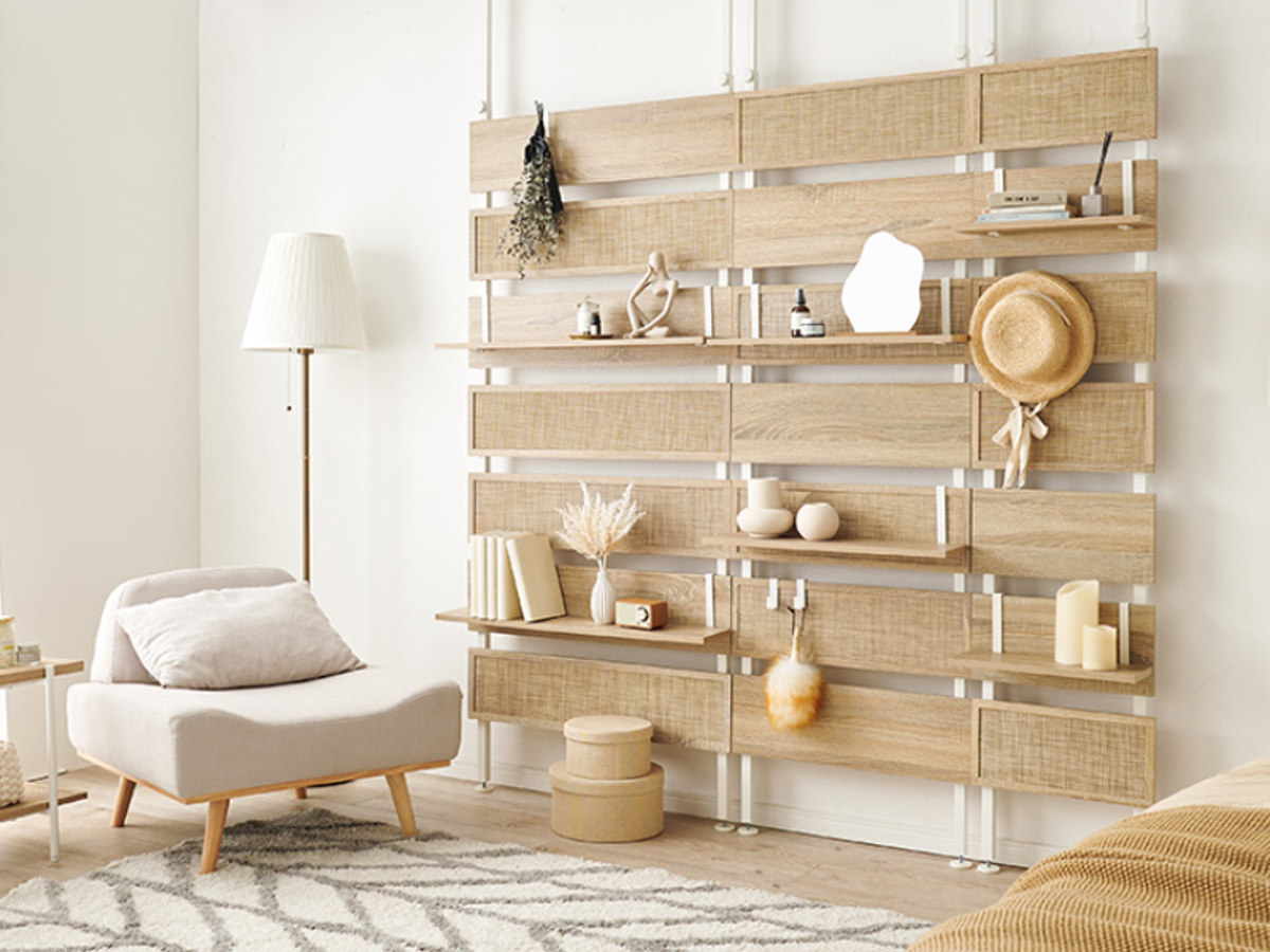 楽天市場】突っ張り ウォールラック 幅60cm ラタン調 木目調 ラダー