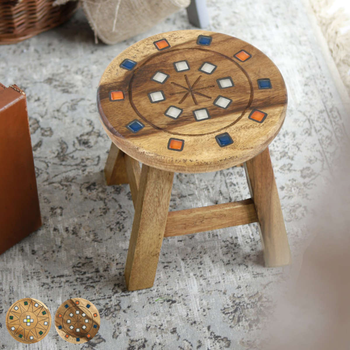 楽天市場】ラウンドスツール クリスタルタイル 木製 天然木 高さ23