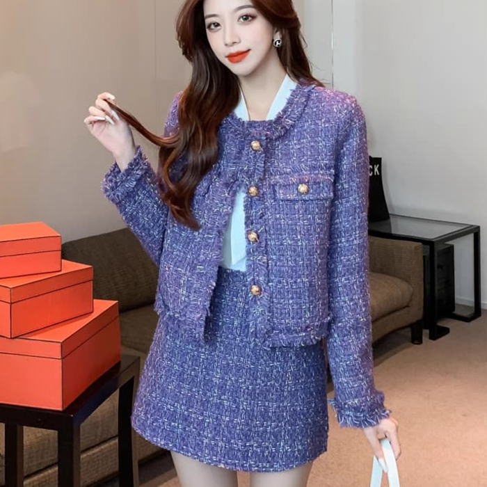 楽天市場】スカートセットアップ ノーカラー ツイード 金ボタン 長袖