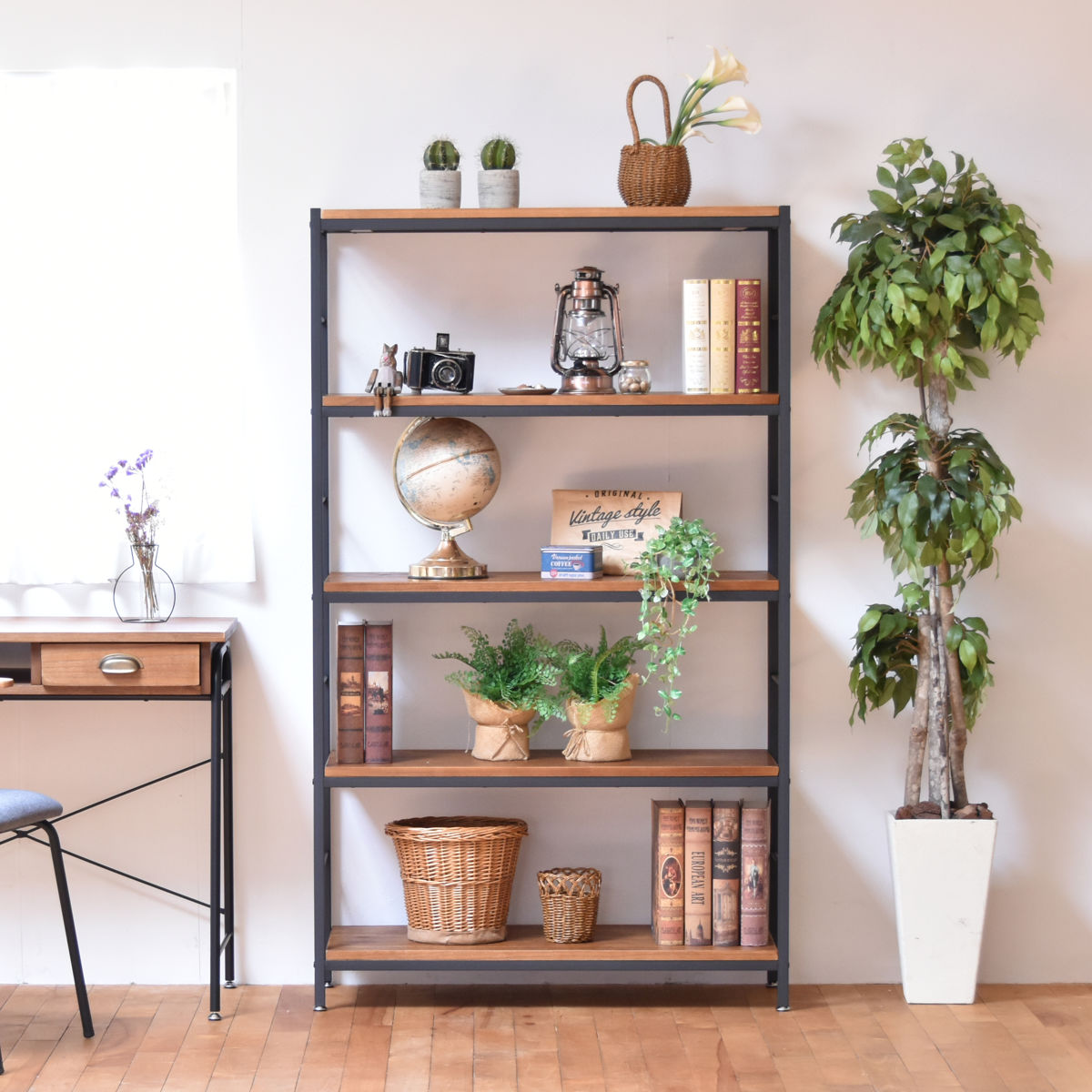 楽天市場】オープンラック 5段 ヴィンテージ調 天然木棚板 幅90cm