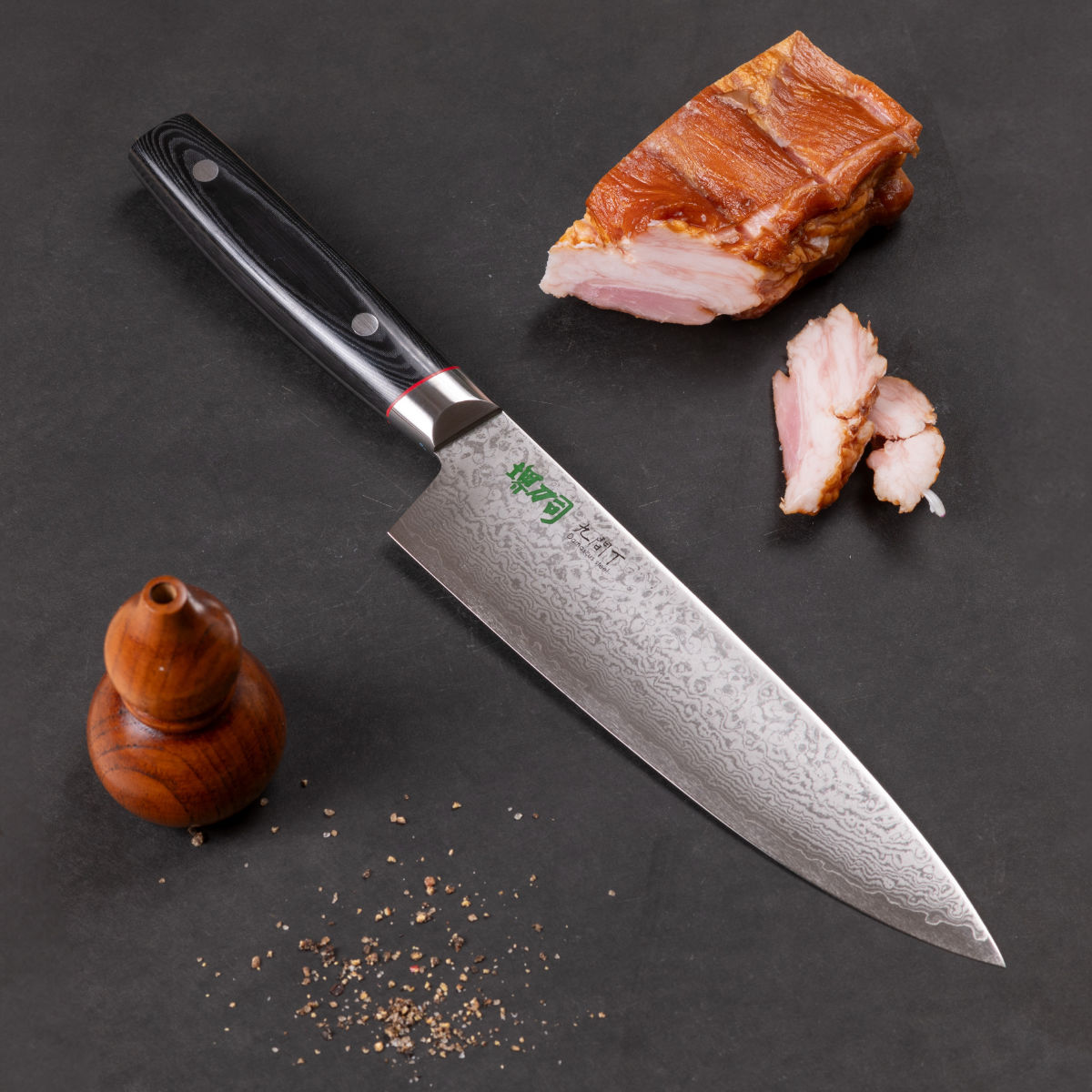 楽天市場】牛刀 20cm 九間丁 ダマスカス鋼割込 黒マイカルタ 堺刀司