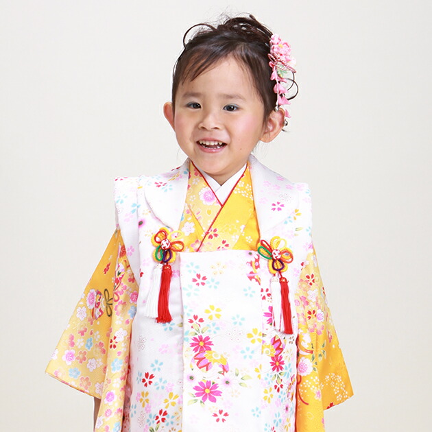 楽天市場】七五三 着物 3歳 レンタル 被布セット 〔黄色 桜まり