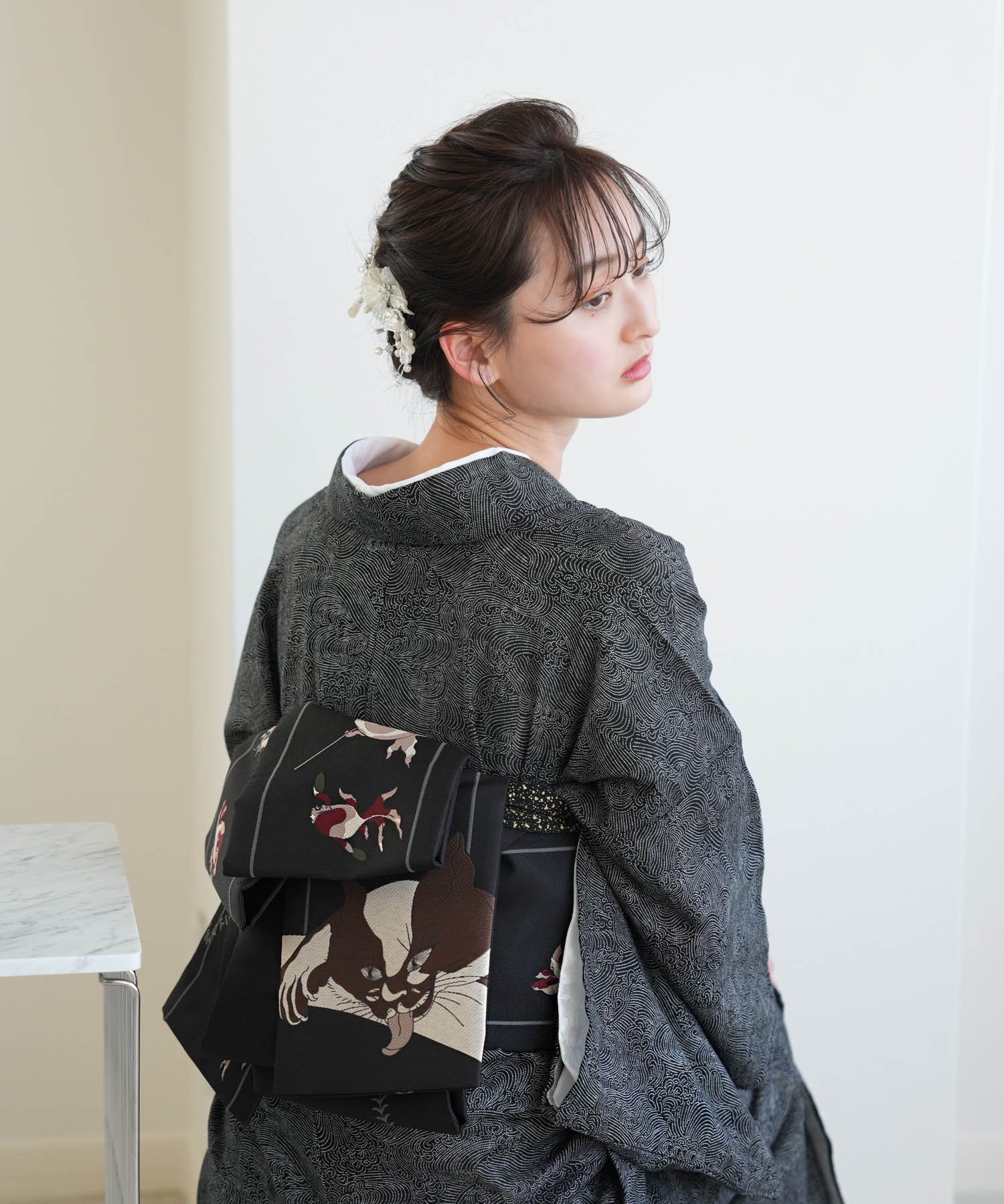 utatane｜ニコアンティーク 着物+帯 2点セット 黒の青海波に金魚と猫