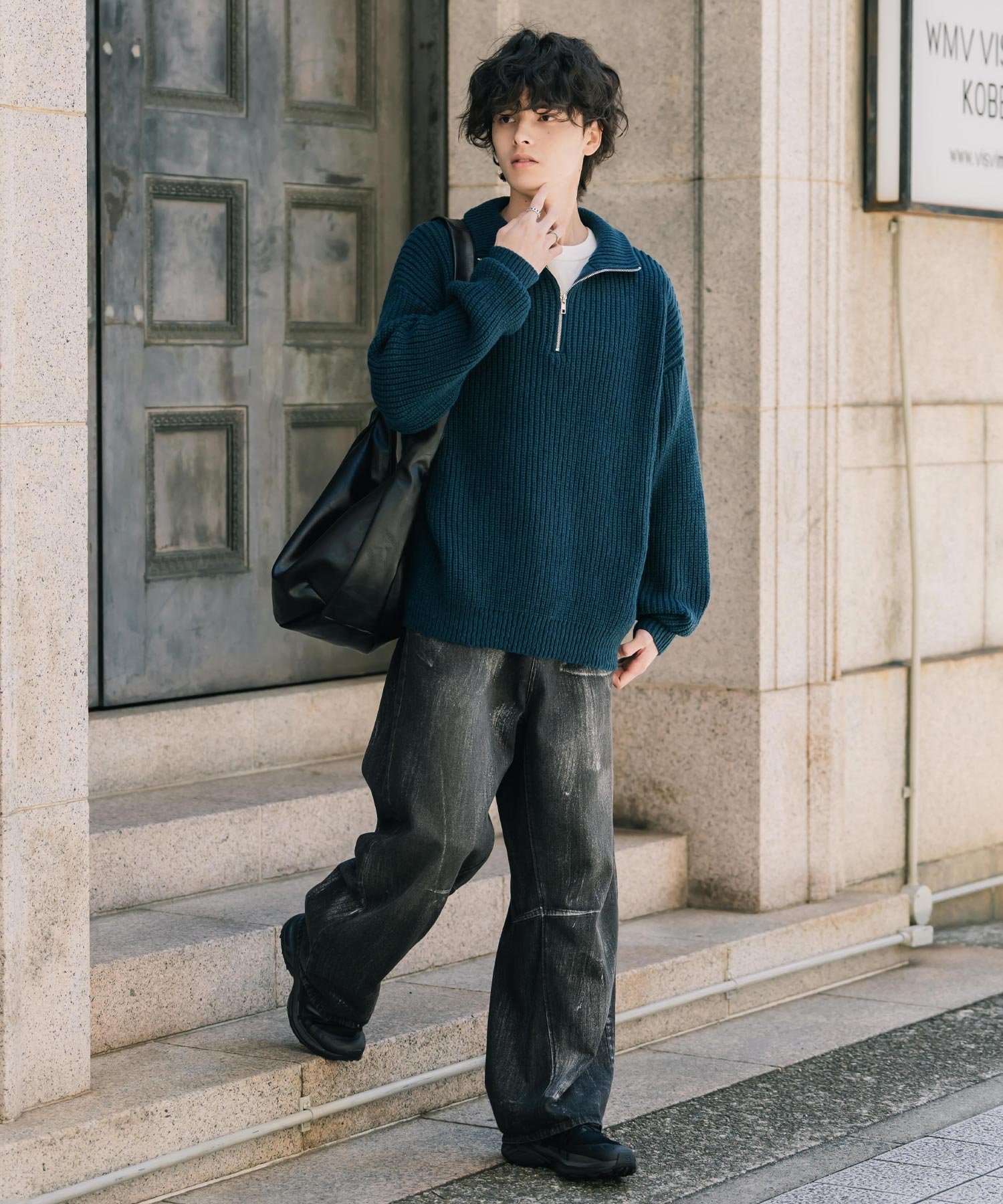 Rocky Monroe｜オーバーサイズ畦編みハーフジップニットセーター