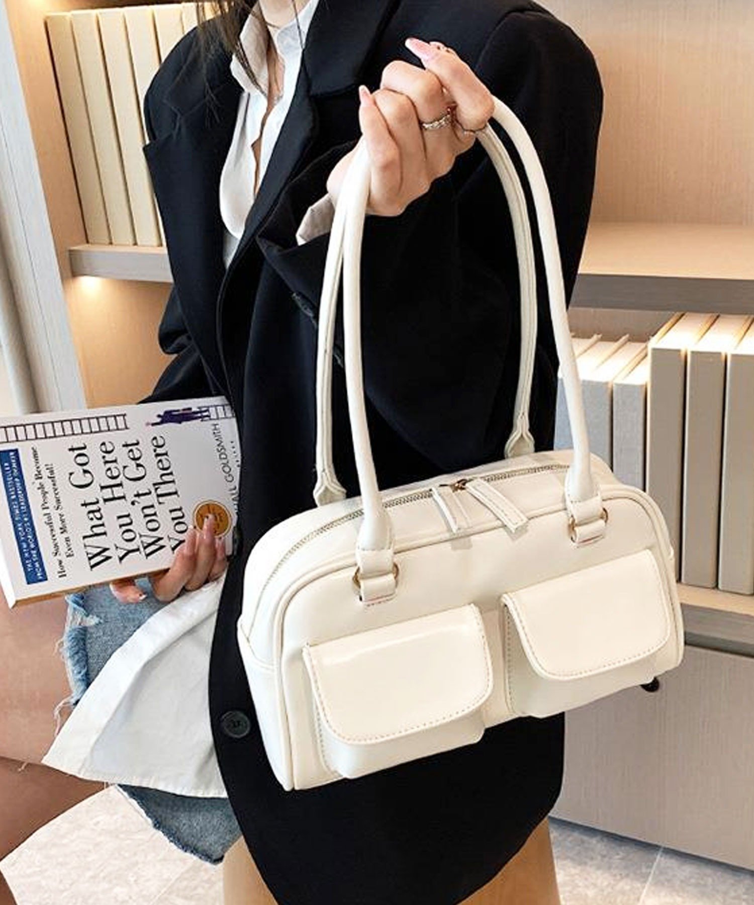 florist｜フラップダブルポケットのレザータッチボストンバッグ/トート