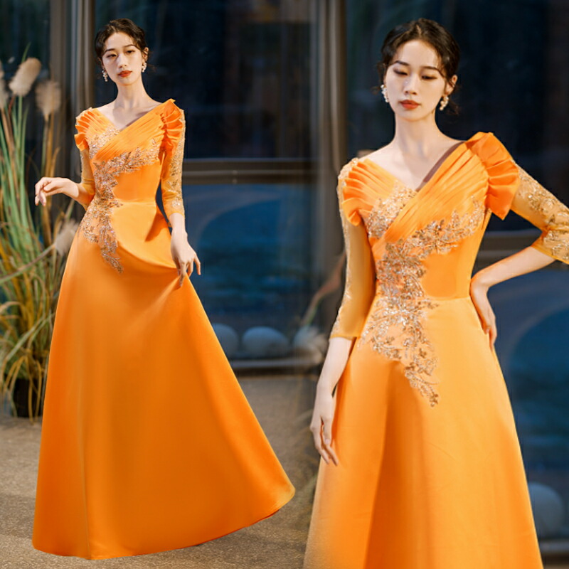 楽天市場】カラードレス Aラインドレス ロングドレス オレンジ サテン